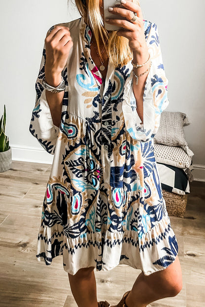 Printed Tribal Bracelet Sleeve Buttoned Mini Dress