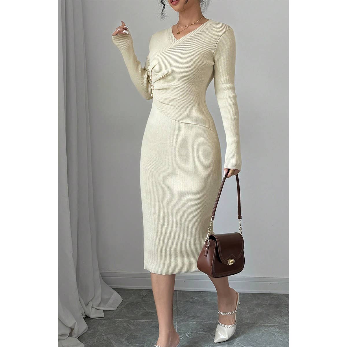 Solid Cross Wrap Knit Button Trim Bodycon Sweater