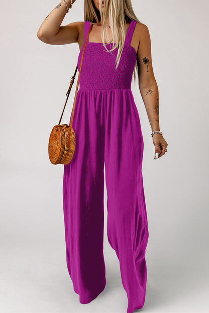 Smocked Square Neck Sleeveless Jumpsuit with Pockets
