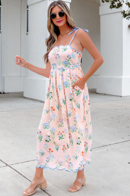 Floral Print Contrast Trim Self-tie Straps High Waist Midi Dress