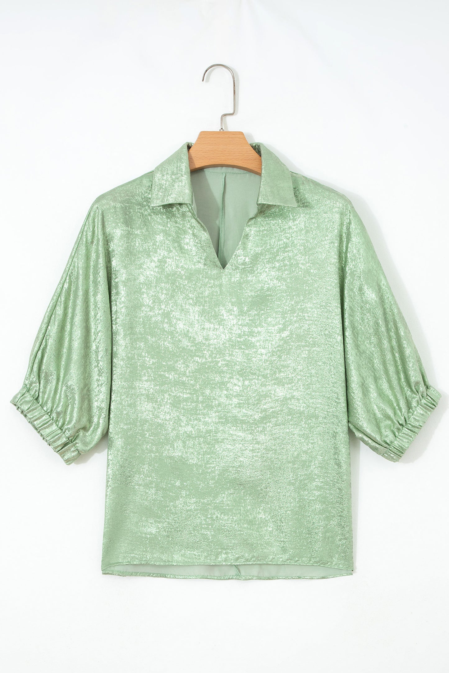 Collared V Neck Half Sleeve Metallic Top