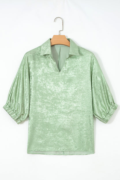 Collared V Neck Half Sleeve Metallic Top