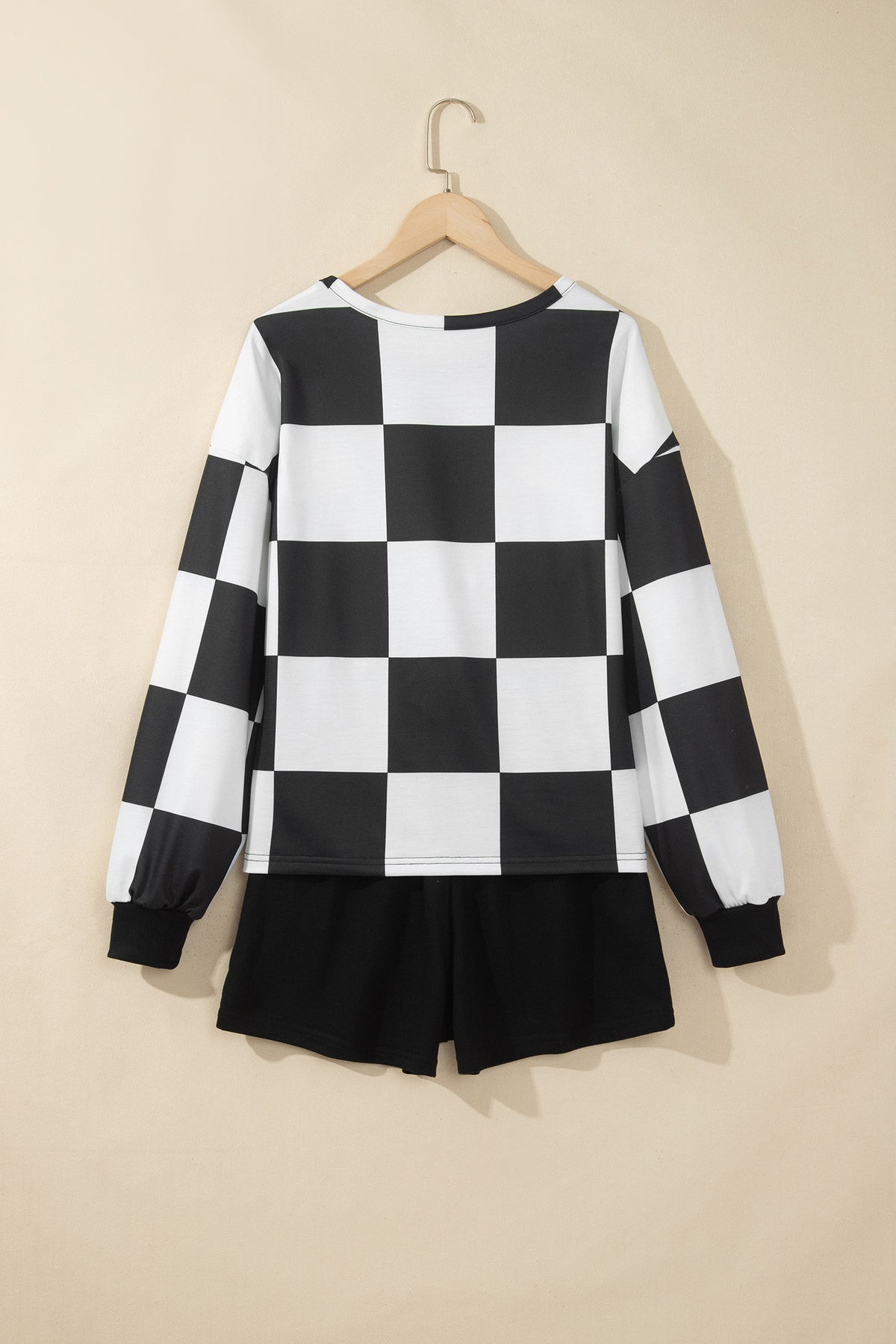 Checkerboard Plaid Long Sleeve Solid Color Shorts 2pcs Set