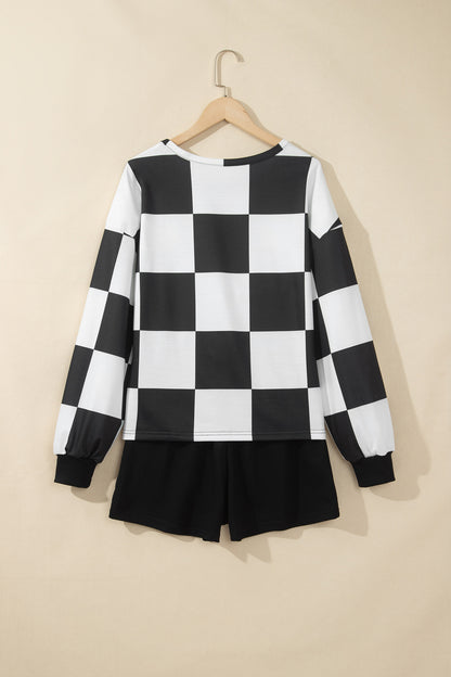 Checkerboard Plaid Long Sleeve Solid Color Shorts 2pcs Set