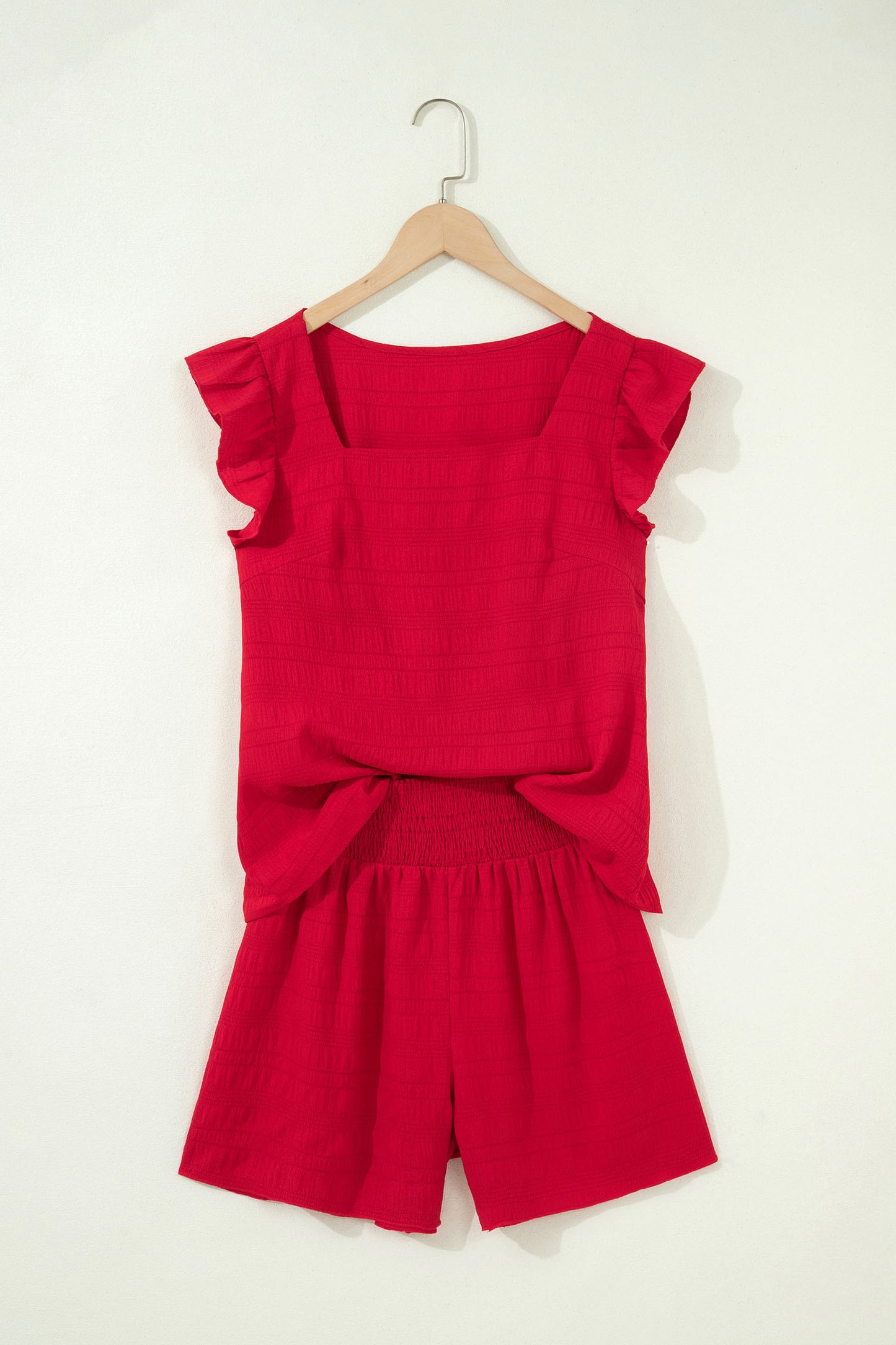 Textured Square Neck Top and Shirred High Waist Shorts Set