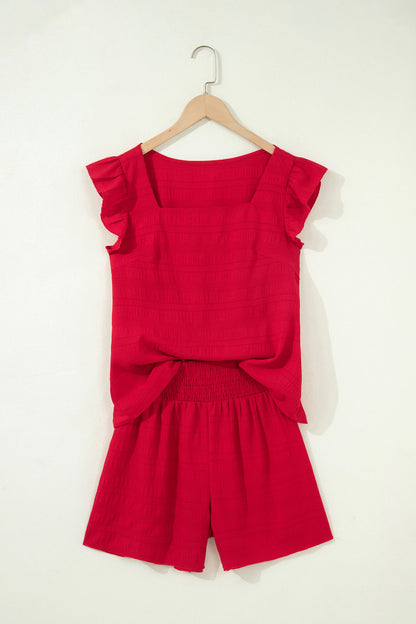 Textured Square Neck Top and Shirred High Waist Shorts Set