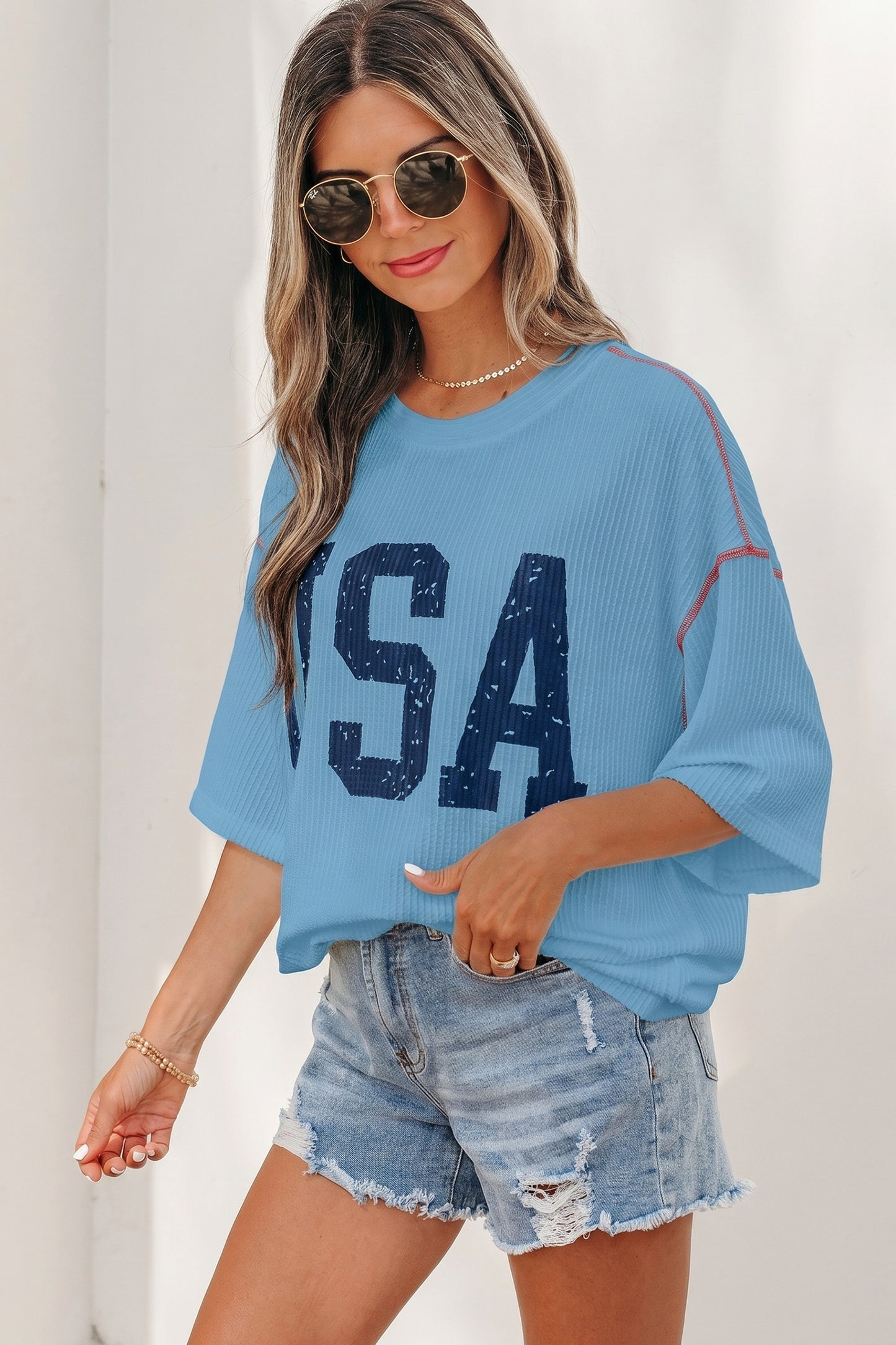 USA Graphic Half Sleeve Loose Ribbed Top