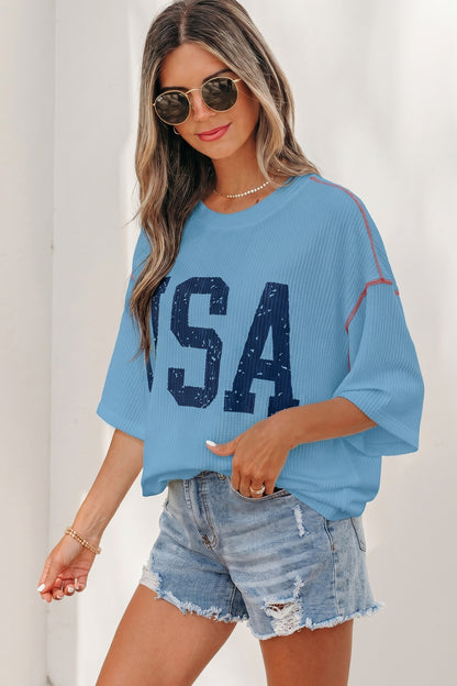 USA Graphic Half Sleeve Loose Ribbed Top