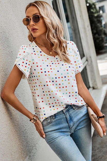 Lace Sleeves Color Polka Dot Scoop Neck Blouse