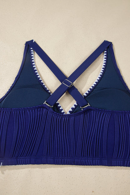 Shell Stitched Trim V Neck Textured Mix and Match High Waist Bikinis