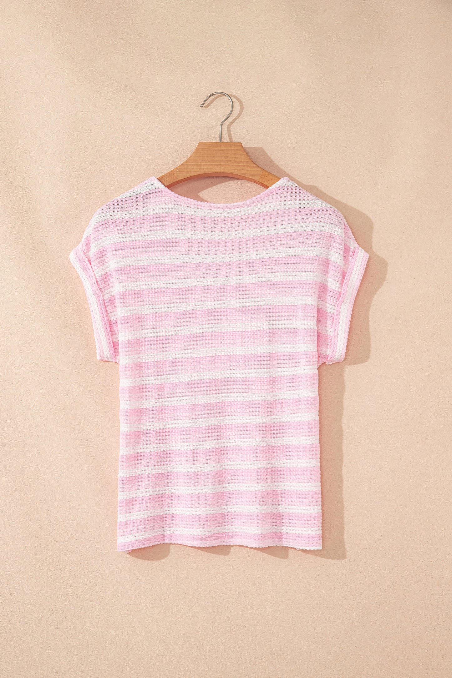 Pink Striped Print Waffle Knit T Shirt
