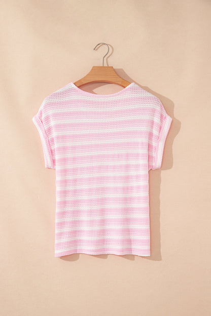 Pink Striped Print Waffle Knit T Shirt