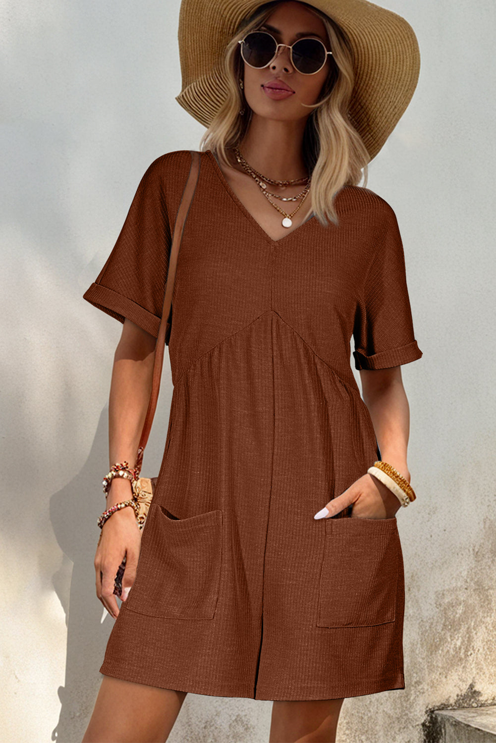 Coffee Solid Color Knit V Neck Zipped Loose Romper