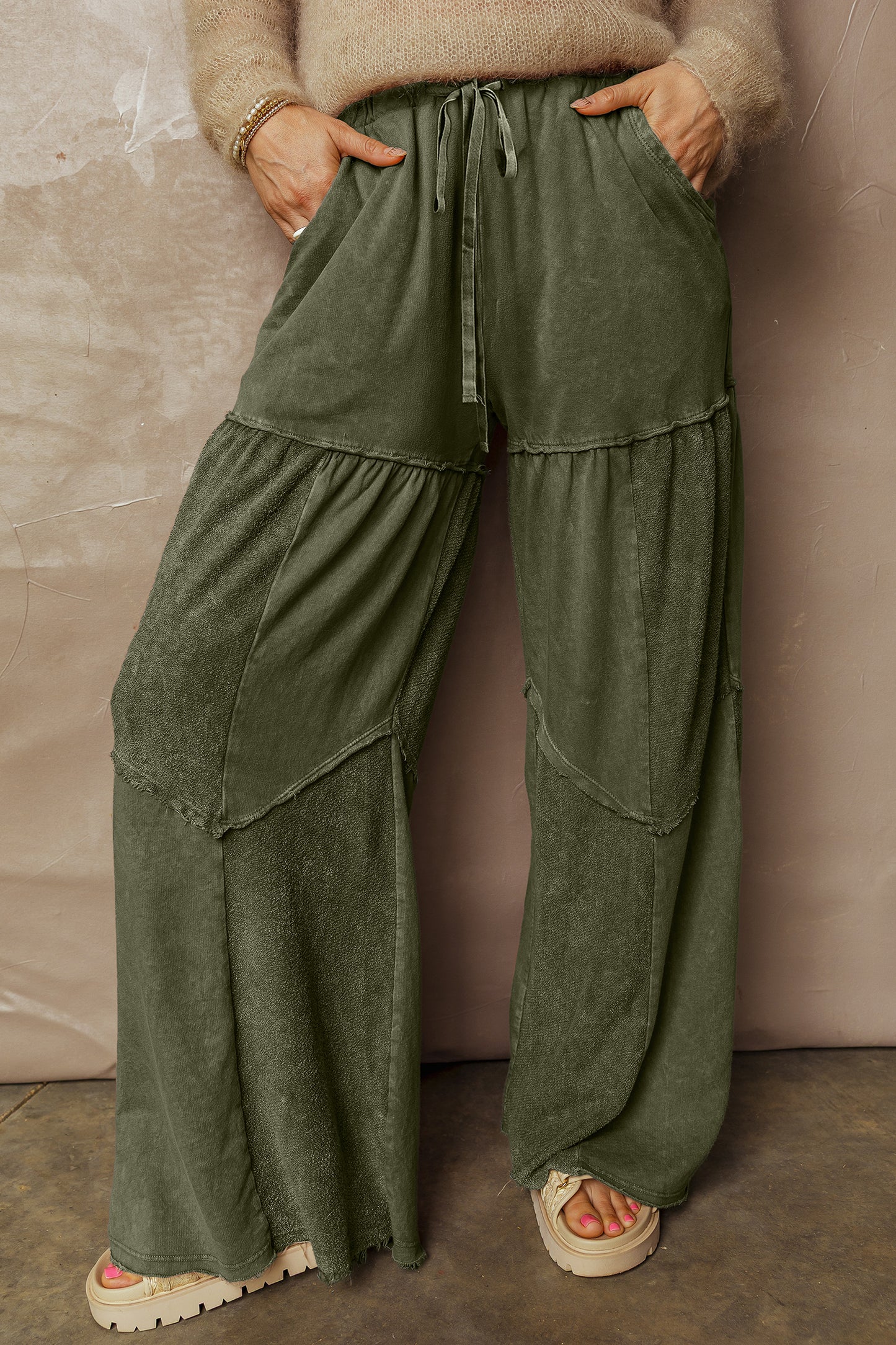 Wild Ginger Careys Mineral Wash Tiered Wide Leg Patchwork Drawstring Pants