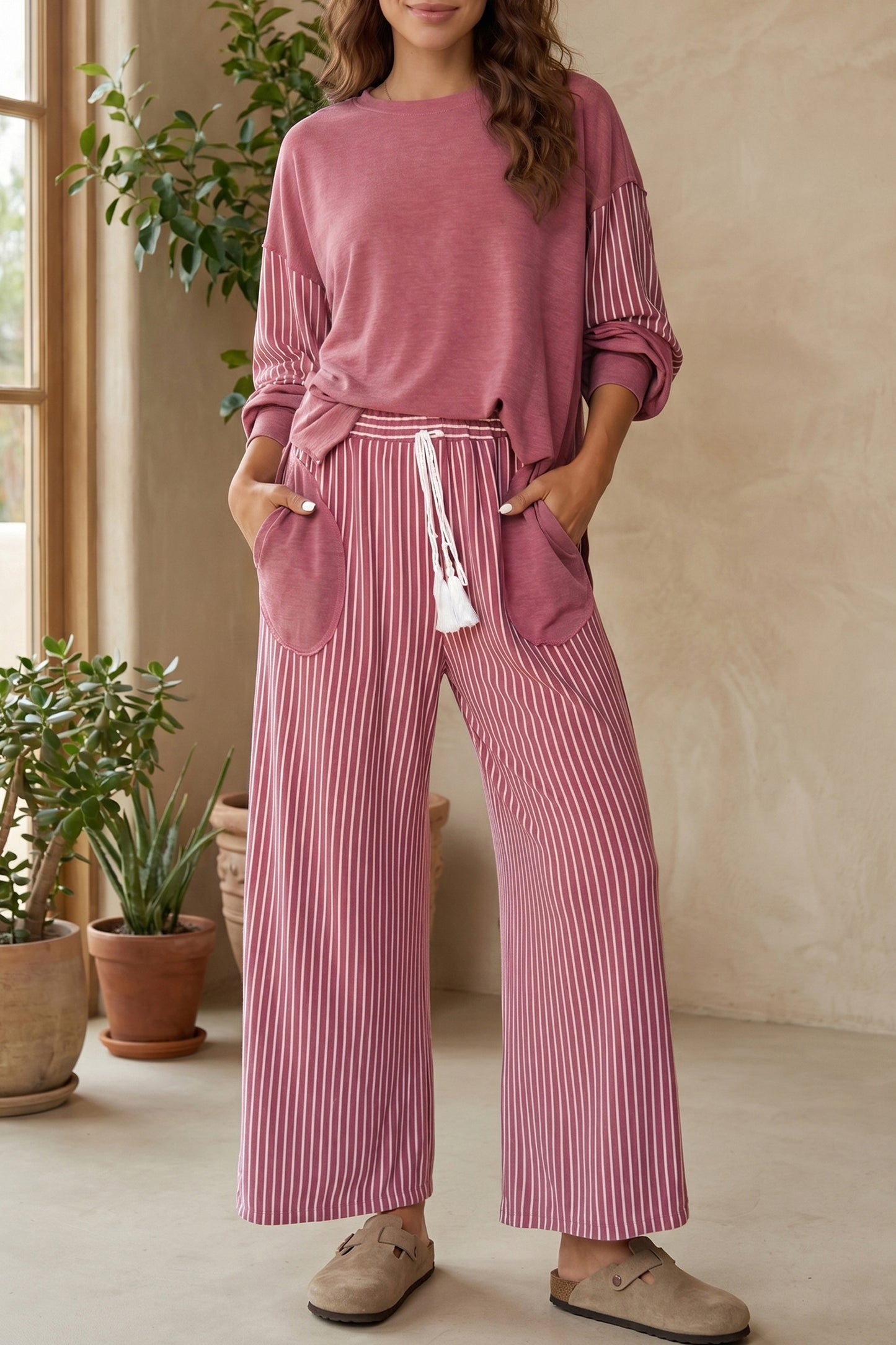 Raw Seam Patchwork Long Sleeve Top Pocket Casual Pants 2pcs Set