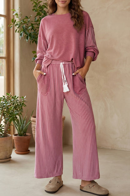 Raw Seam Patchwork Long Sleeve Top Pocket Casual Pants 2pcs Set