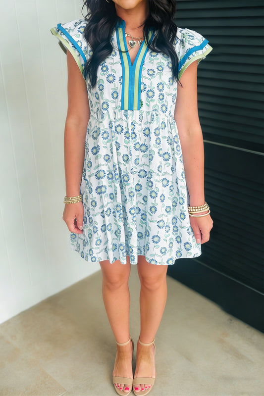 Floral Print Contrast Trim Flutter Sleeve Mini Dress