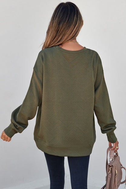 Solid Color Textured Round Neck Drop Shoulder Pullover Sweatshirt