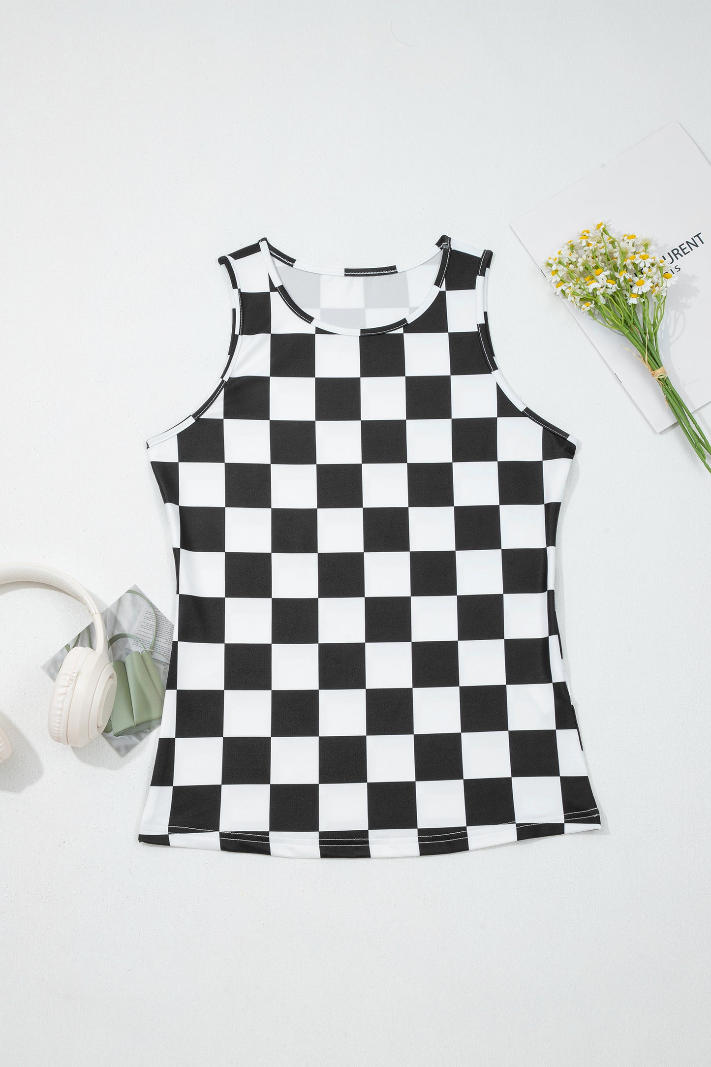 Black Checkerboard Printed Slim Tank Top