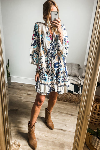 Printed Tribal Bracelet Sleeve Buttoned Mini Dress