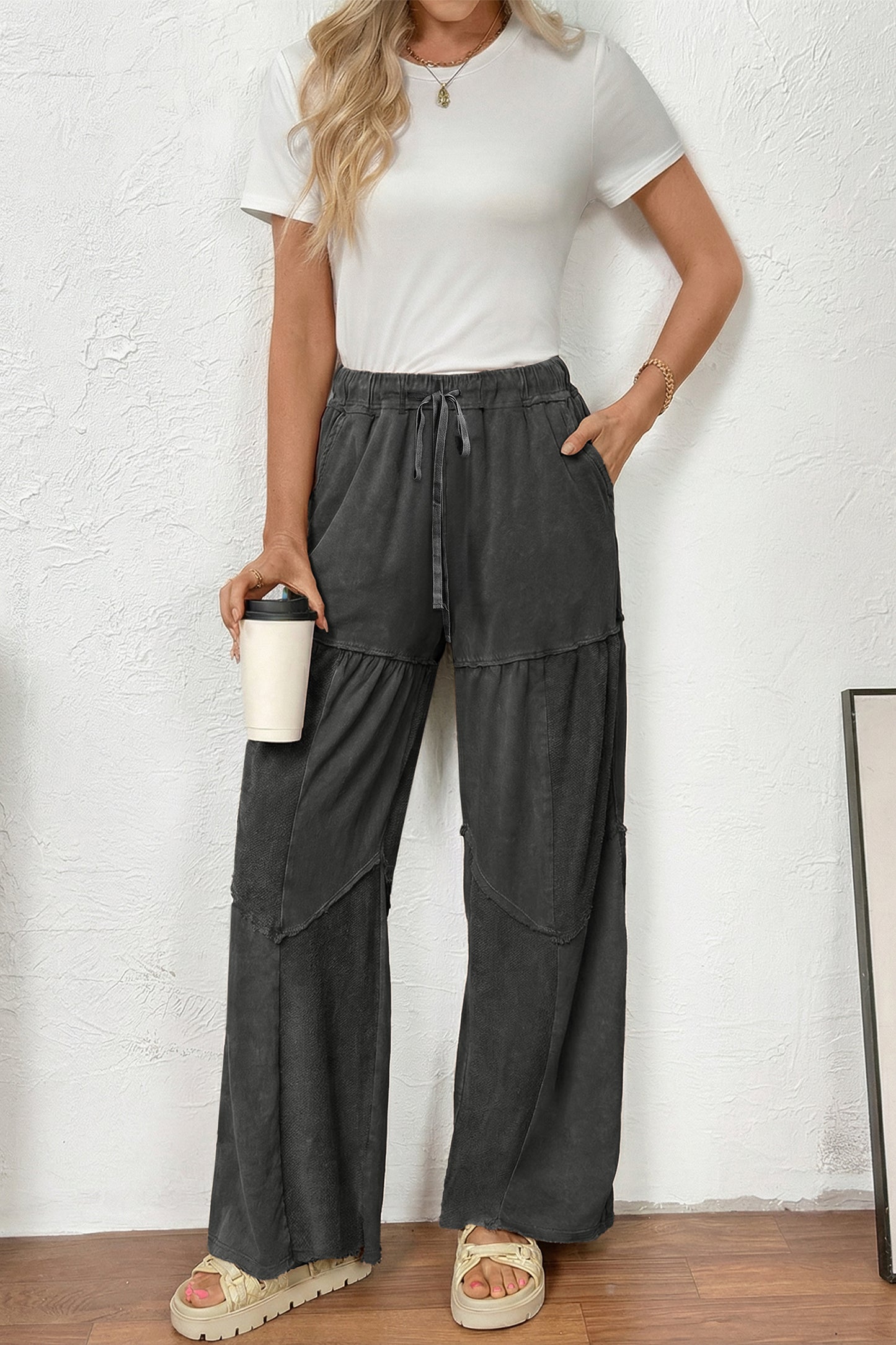 Wild Ginger Careys Mineral Wash Tiered Wide Leg Patchwork Drawstring Pants