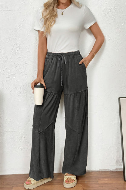 Wild Ginger Careys Mineral Wash Tiered Wide Leg Patchwork Drawstring Pants