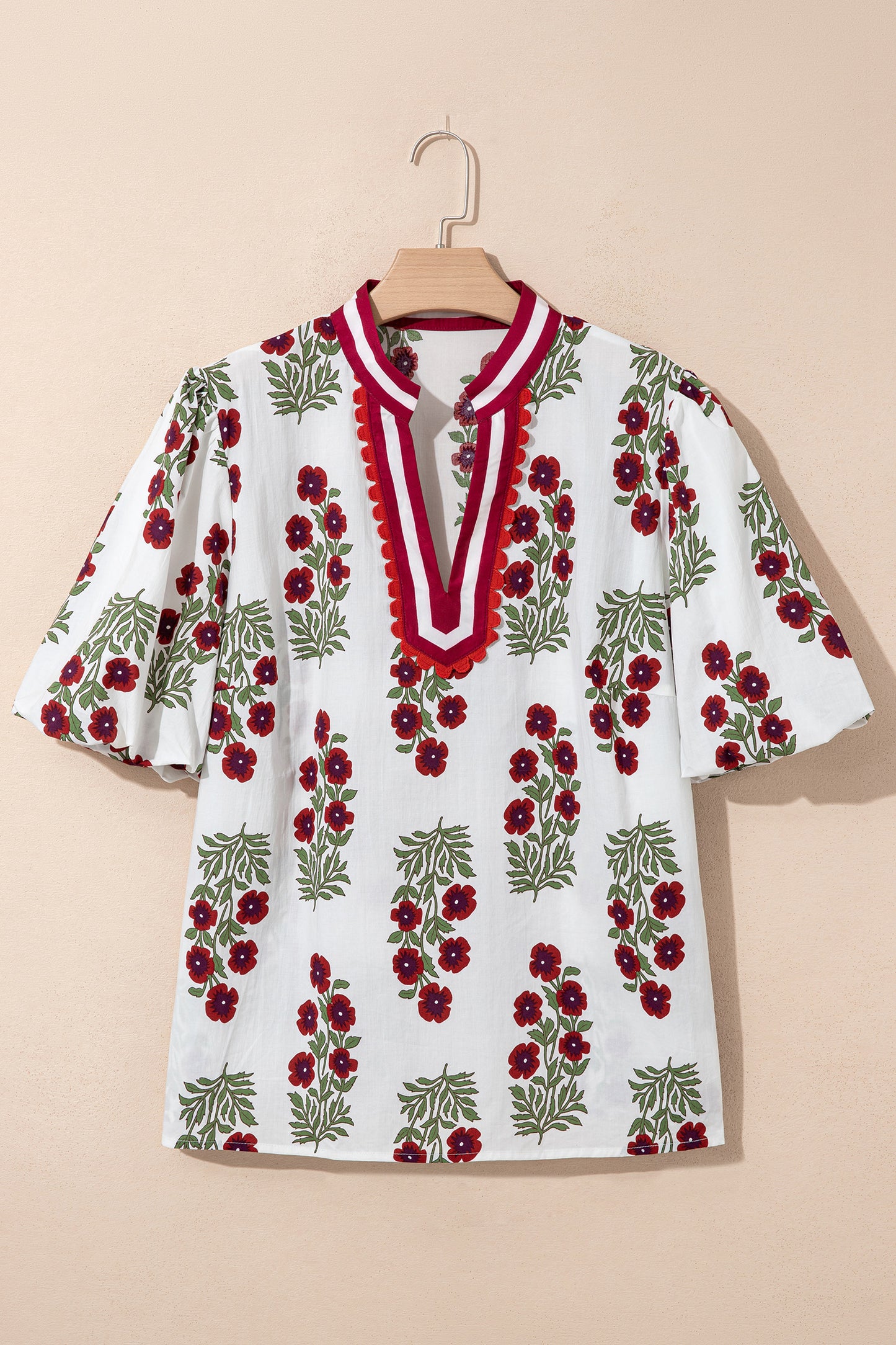 Plus Size Floral Print Ricrac Striped Trim Short Sleeve Cotton Blouse