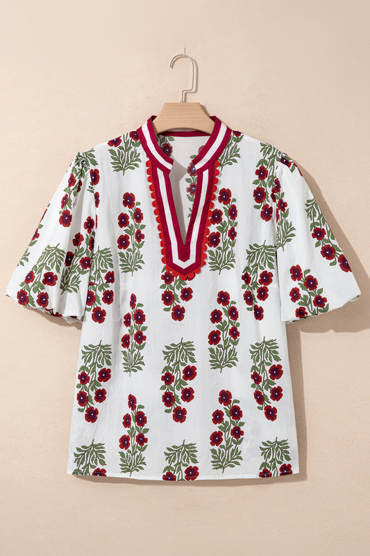 Plus Size Floral Print Ricrac Striped Trim Short Sleeve Cotton Blouse