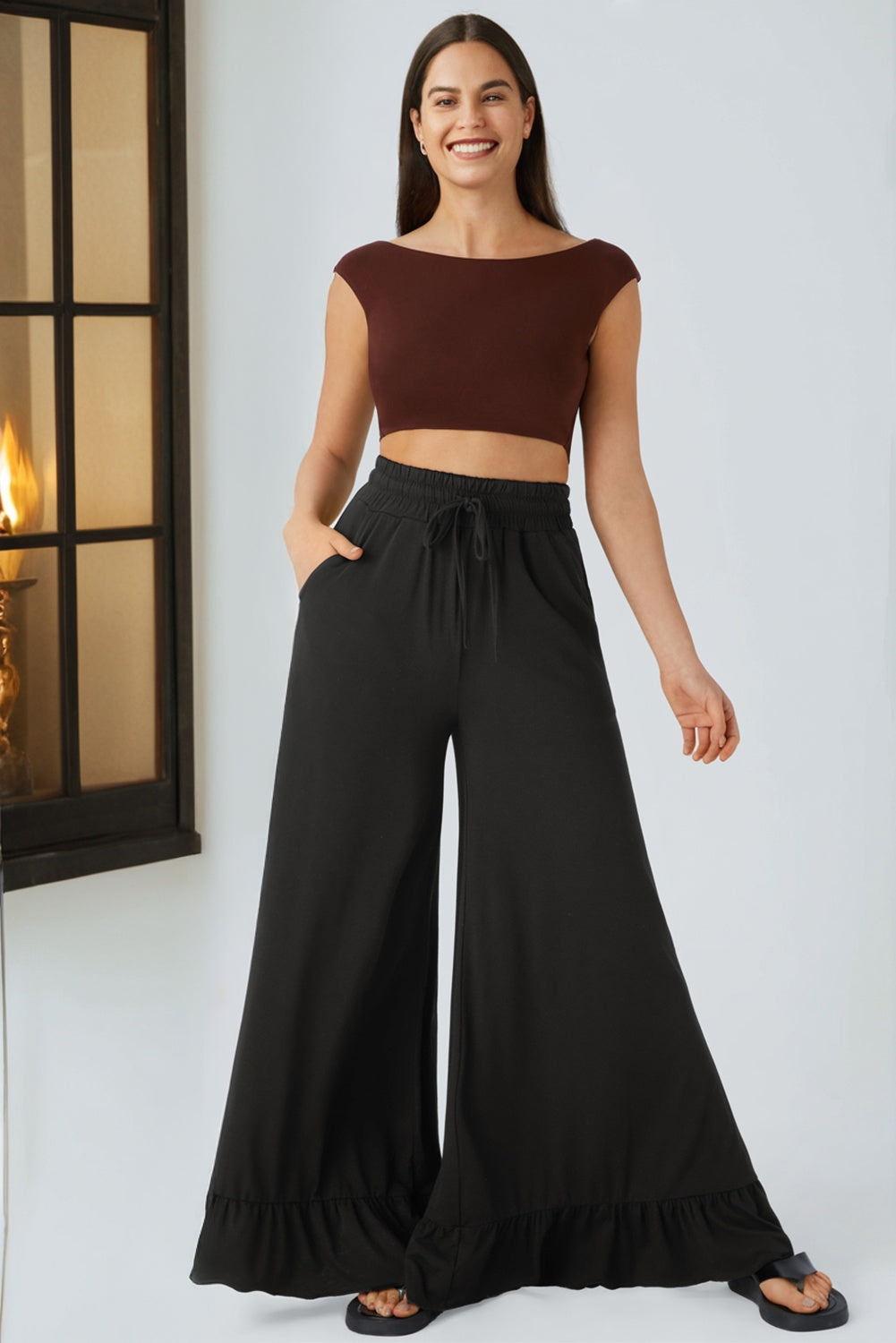 Ruffled Wide Leg Pull On High Waist Pants with Pockets