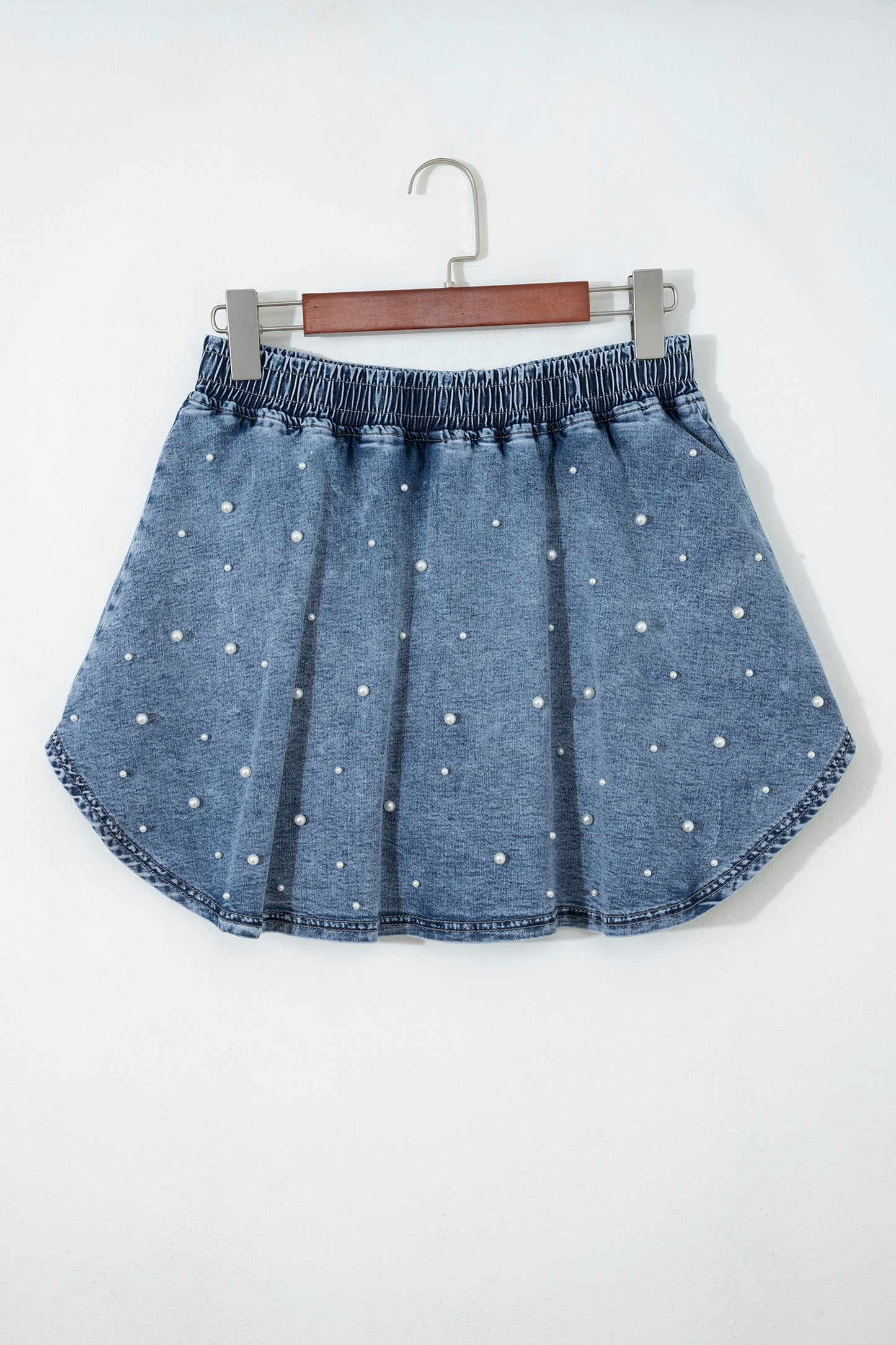 Ashleigh Blue Denim Pearl Embellished Elastic Waist Mini Skort