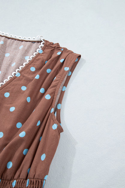 Polka Dot Print Contrast Trim V Neck Zip Up Sleeveless Dress