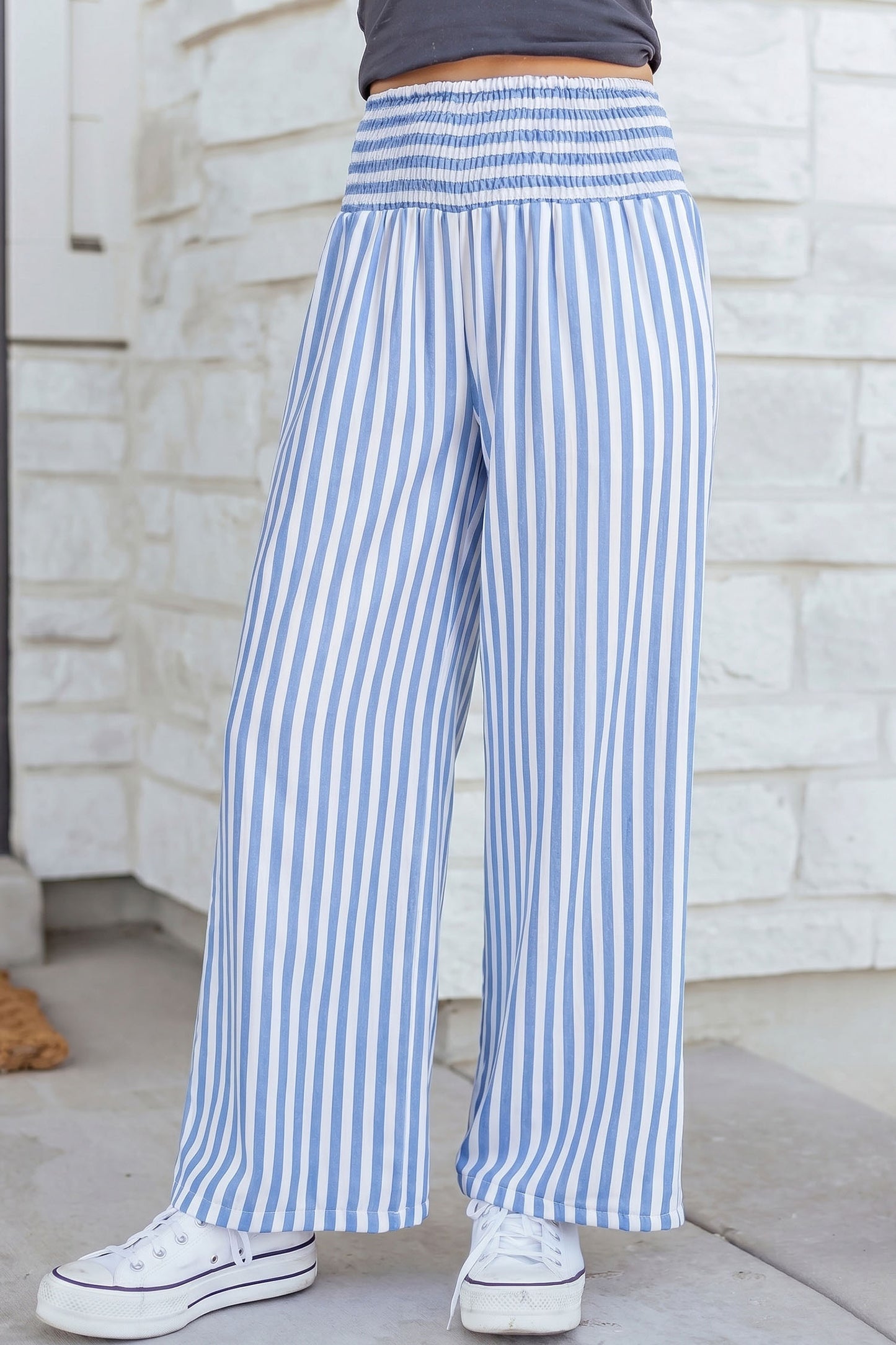 Stripe Shirred High Waist Loose Summer Pants