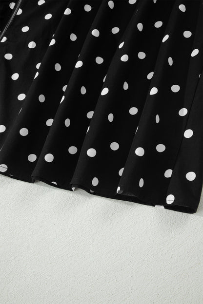 Polka Dot Print Contrast Trim V Neck Zip Up Sleeveless Dress