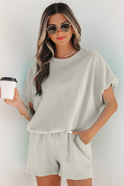 Solid Color Puffy Loose Top Drawstring Shorts 2pcs Outfit