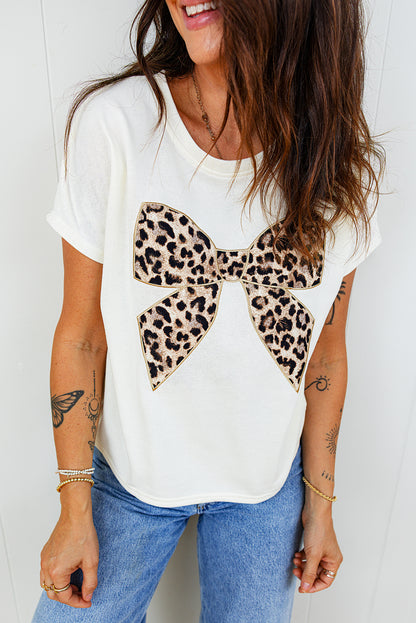 Leopard Bow Embroidered Cotton Round Neck T Shirt