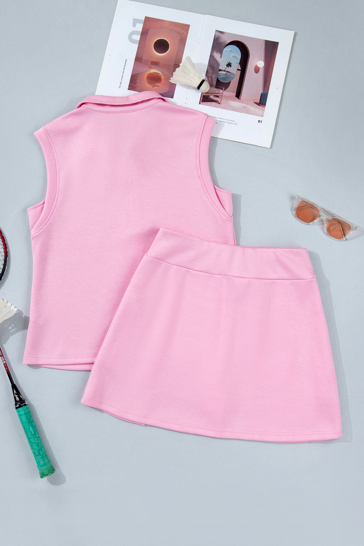 Solid Color Sleeveless Zipper Tank and Skort Set