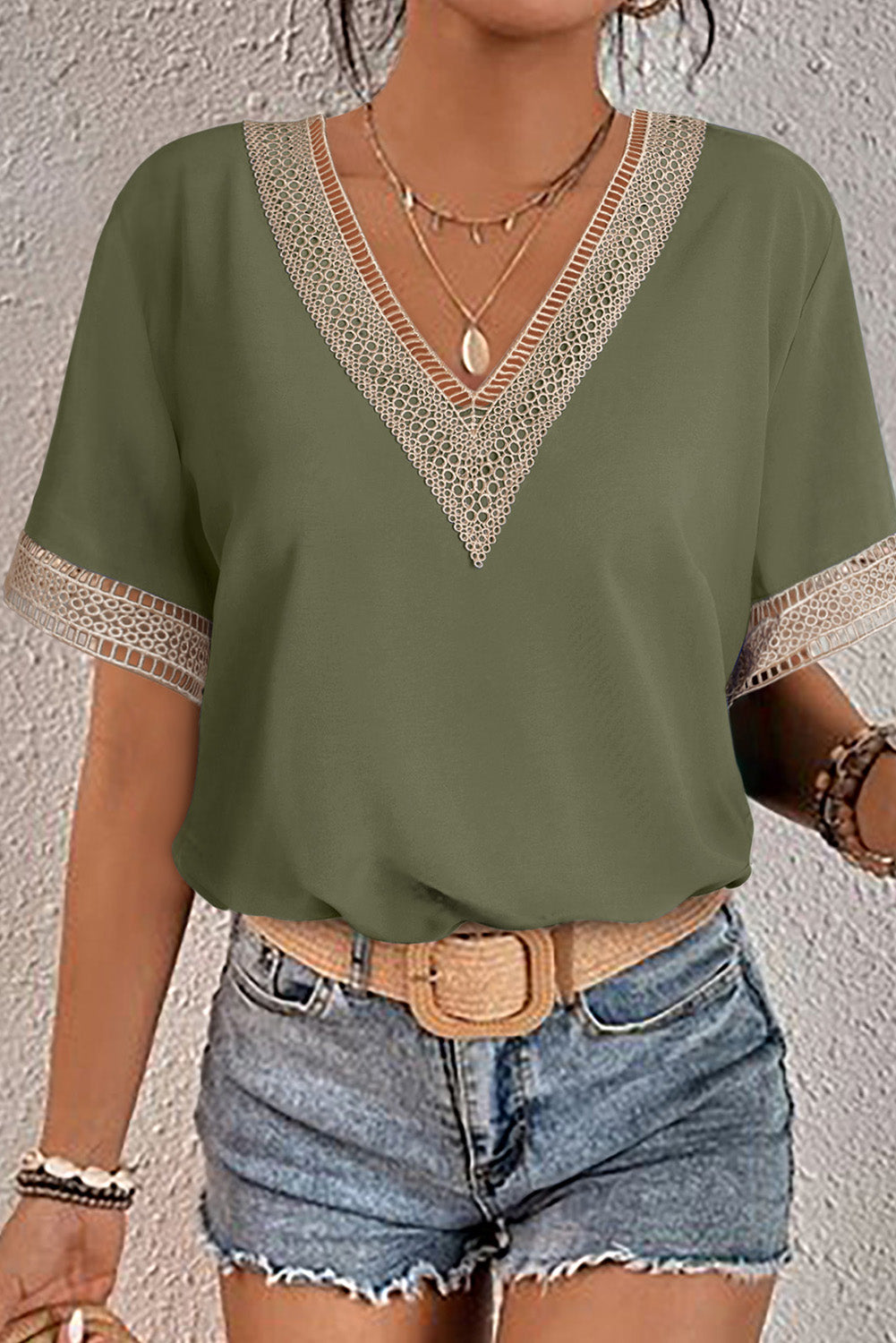 Lace Trim V Neck Short Sleeve Blouse