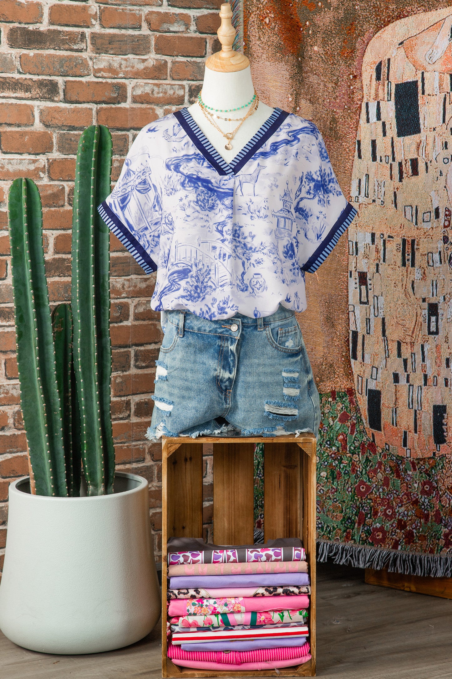 Blue Wild Animal Paradise Striped Trim V Neck Short Sleeve Blouse
