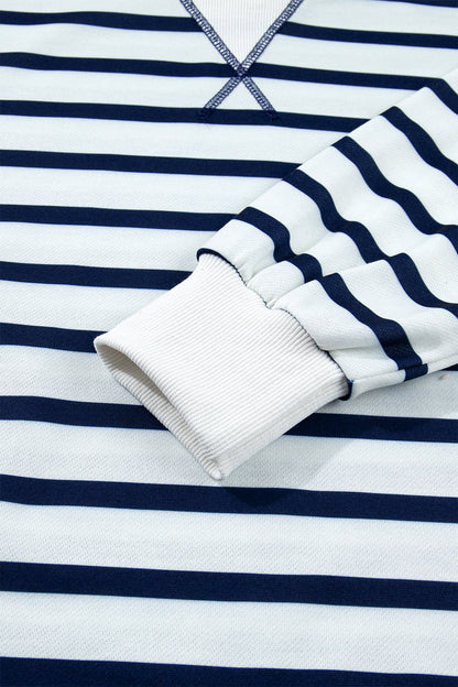 Blue Stripe Striped Stand Neck Long Sleeve Ribbed Cuff Hem Sweatshirt
