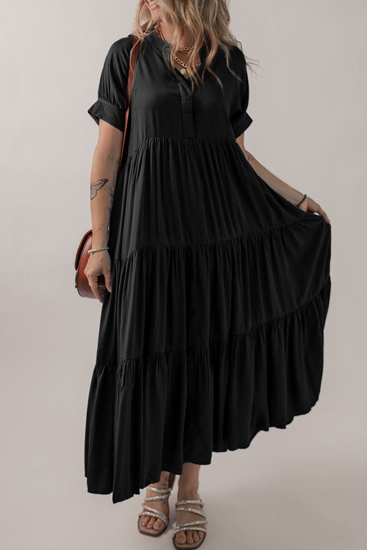 Hidden Buttons Short Sleeve Ruffle Tiered Long Flared Dress