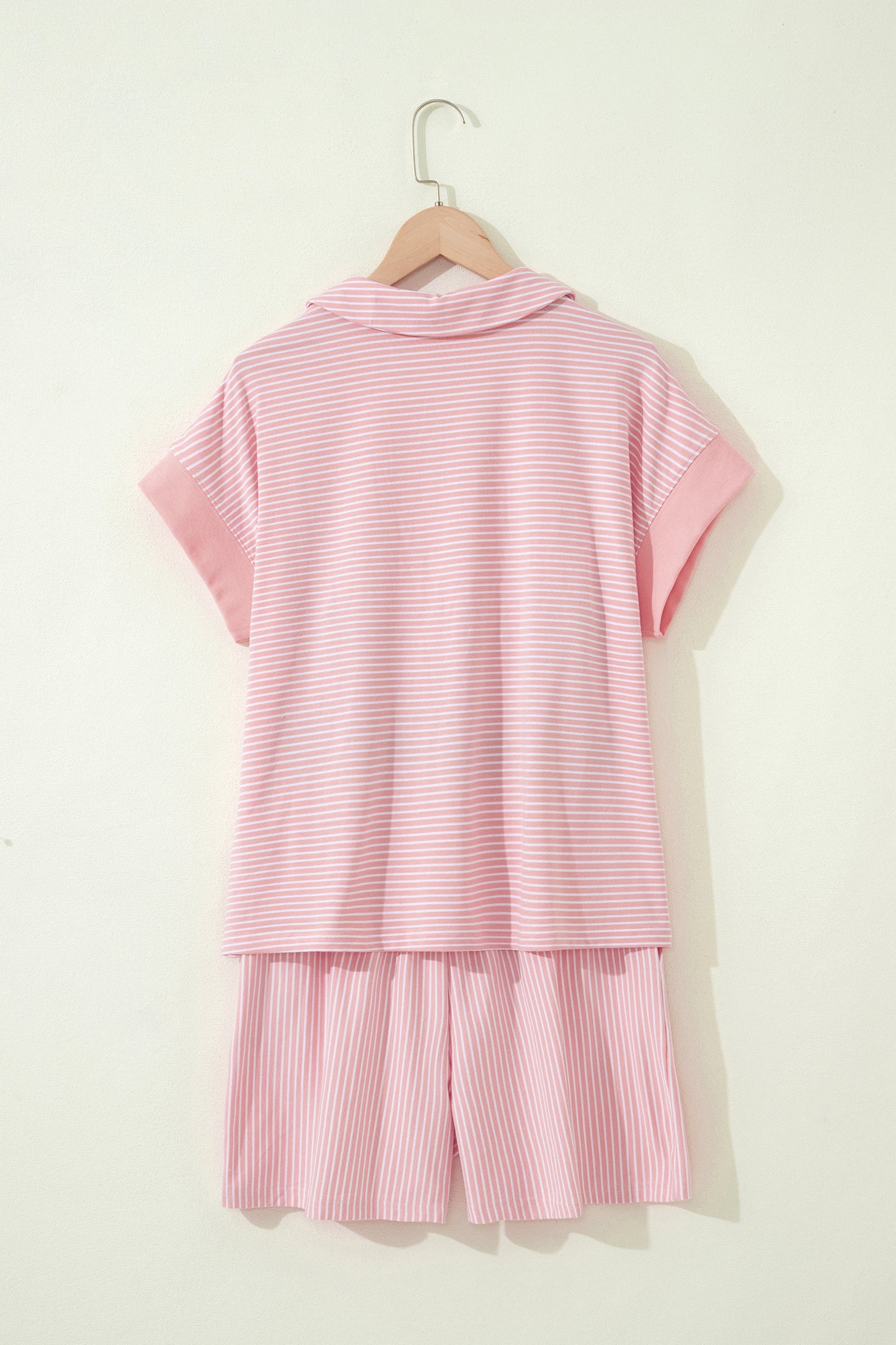 Stripe Dolman Sleeve Polo Shirt and Drawstring Shorts Set