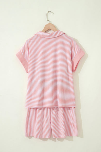Stripe Dolman Sleeve Polo Shirt and Drawstring Shorts Set