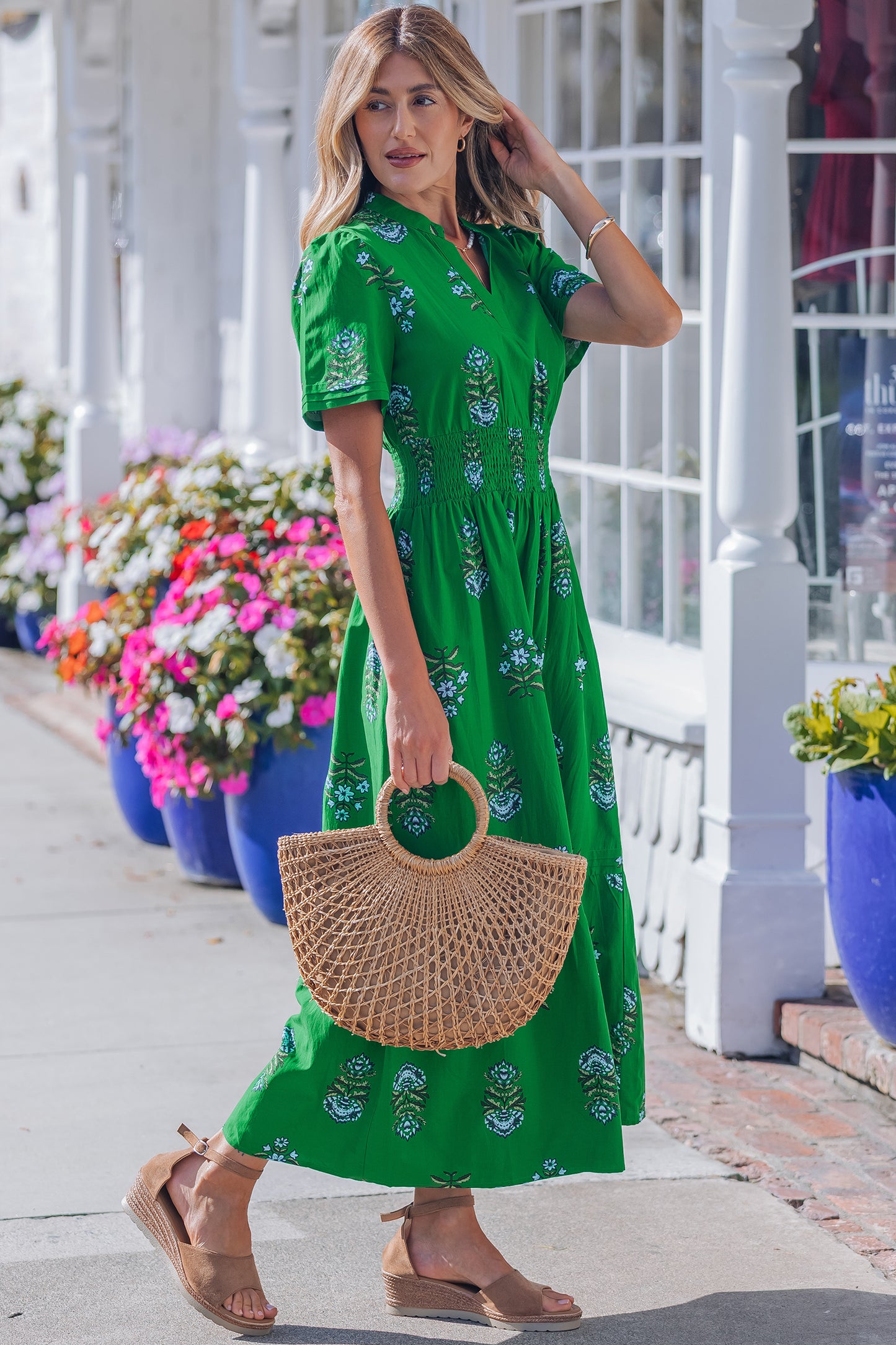 Floral Print Split Neck Shirred High Waist Ruffle Hem Maxi Dress