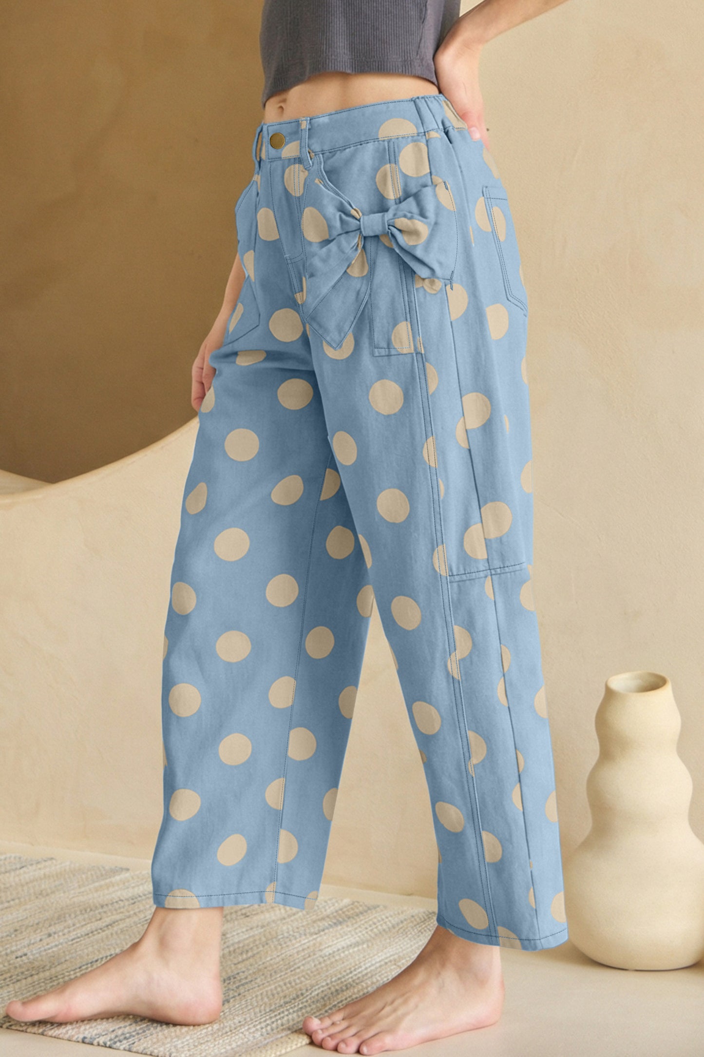 Polka Dot Print Bow Detail Pocketed Jeans