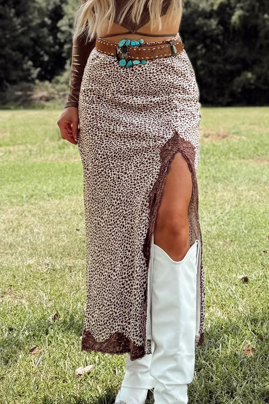 Cheetah Print Trim Split Long Western Skirt