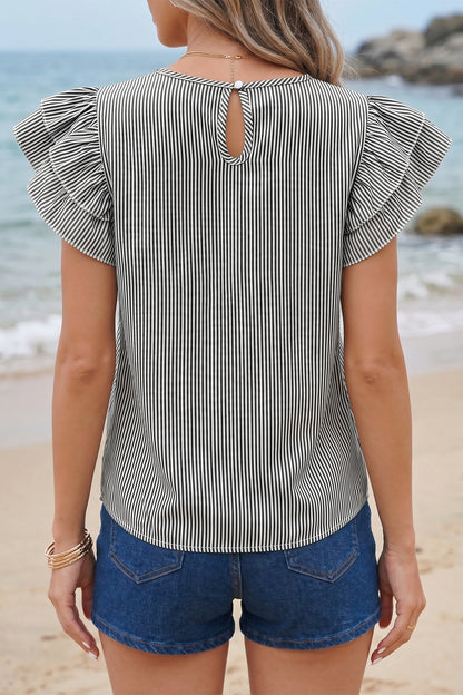 Stripe Striped Ruffle Sleeve Short Sleeve Round Neck Casual Shift Blouse