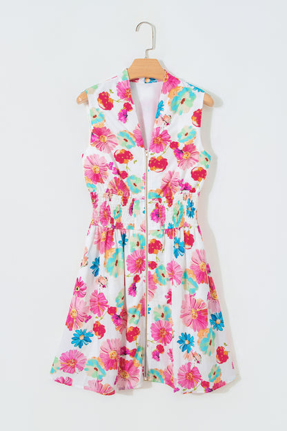 Pink Adorable Floral Print V Neck Zip Up Smocked Waist Flared Mini Dress