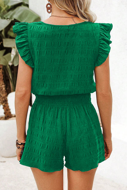 Textured Square Neck Top and Shirred High Waist Shorts Set