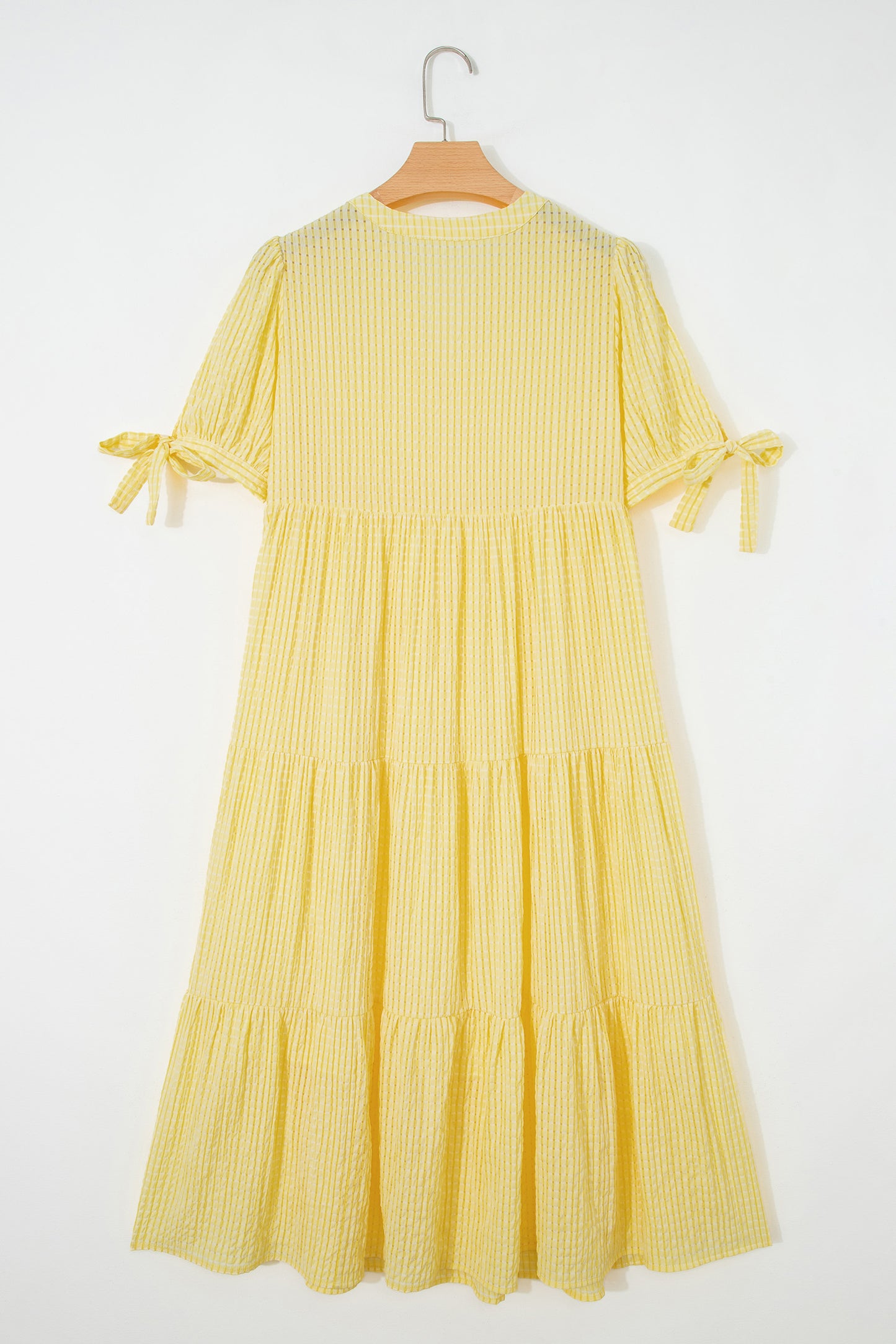 Gingham Textured Bow Tie Short Sleeve Tiered Midi Dress