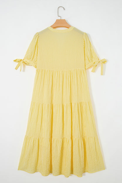 Gingham Textured Bow Tie Short Sleeve Tiered Midi Dress